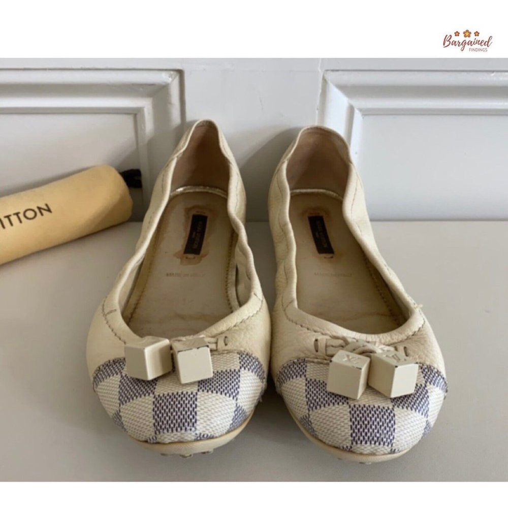 Auth Louis Vuitton Damier Azur Leather Lovely Scrunch LV Cube Ballet Flats 6.5 - Picture 5 of 13